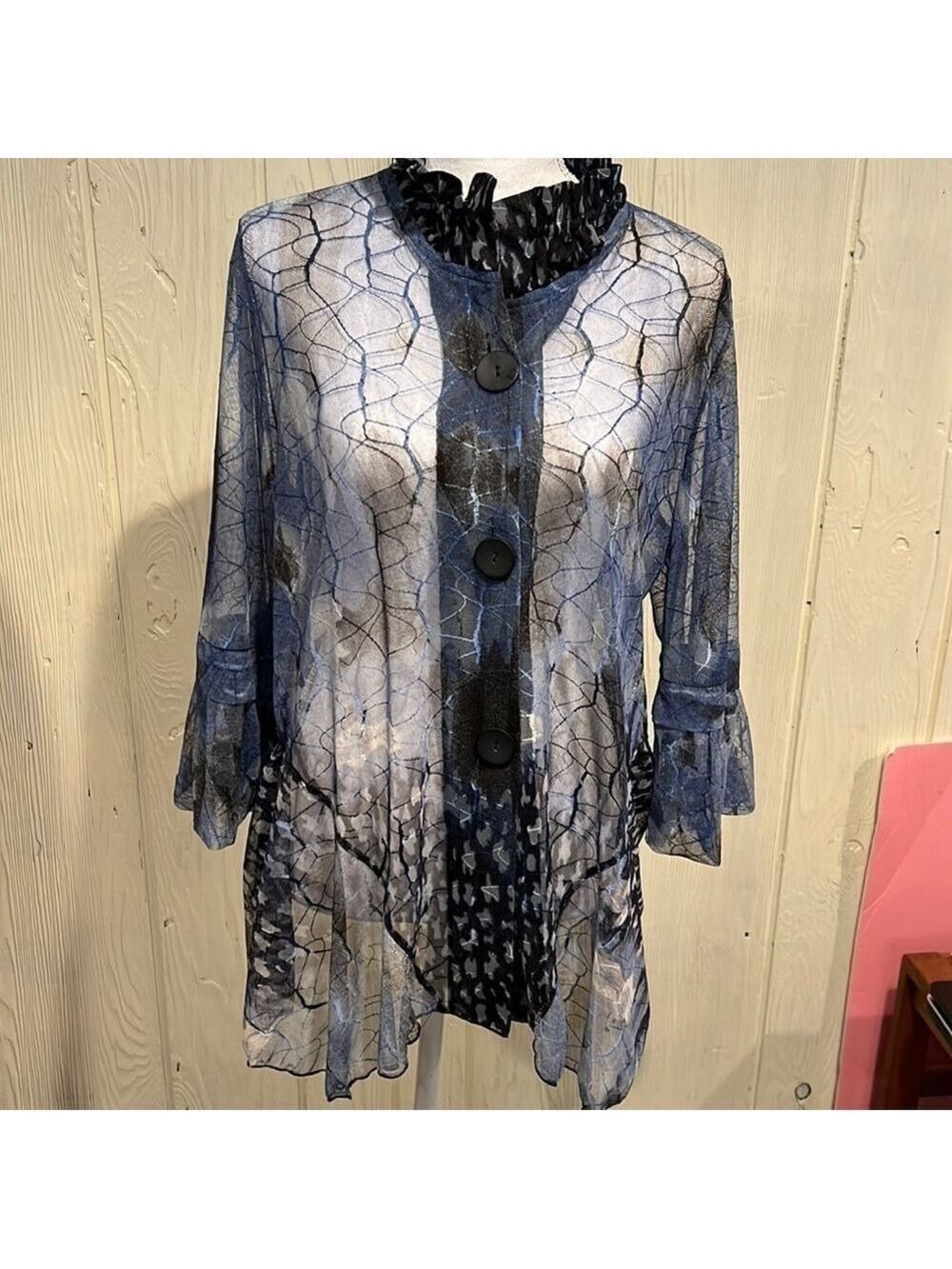 Damee Button Down Blouse Puff Sleeve Sheer